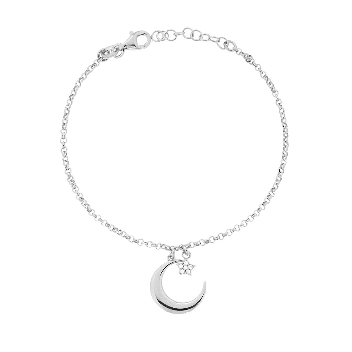 Rolo-Kettenarmband mit Diamanten, Mond- und Herzanhänger sowie weißen Cubic Zirconia, Silber 925, rhodiniert - MeinSchmuckShop