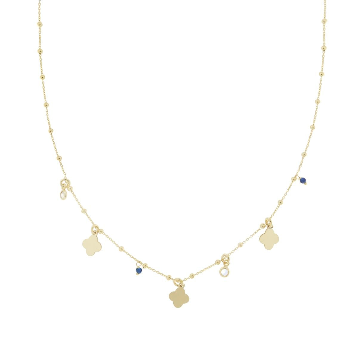 Kette mit feiner Gliederkette und Kugeln, Vierblättrige Kleeblatt-Anhänger, flache Anhänger, Cubic Zirconia Weiß und Crystal Blau, in Silber 925, Gold galvanisiert - MeinSchmuckShop