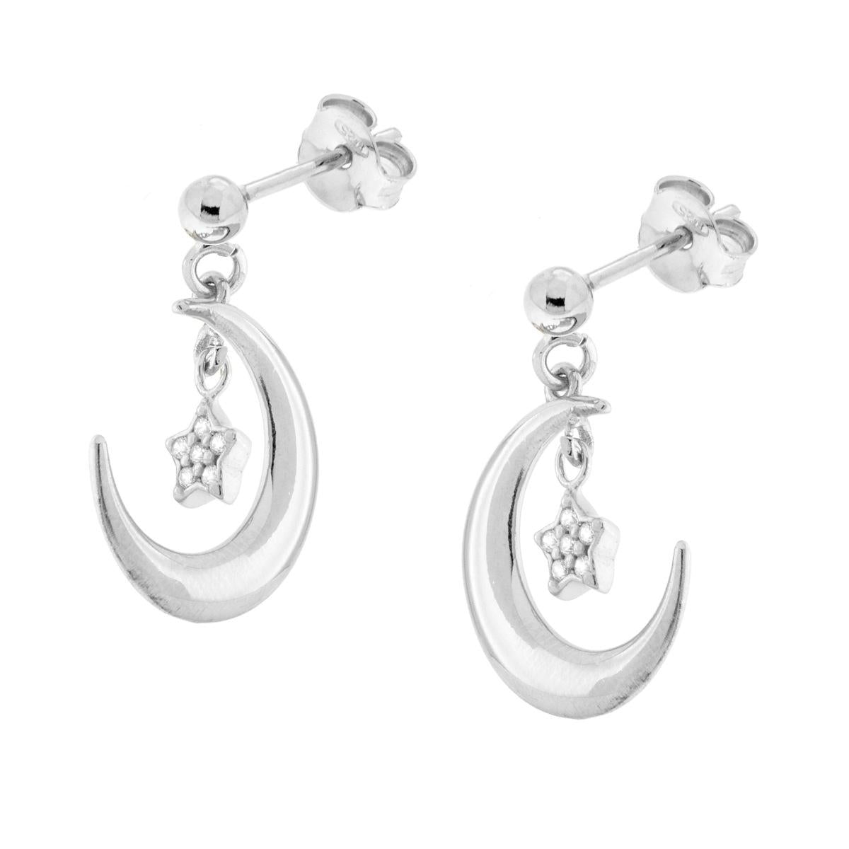 Ohrringe Mond und Sterne mit weißen Cubic Zirconia aus 925er Silber, rhodiniert. - MeinSchmuckShop