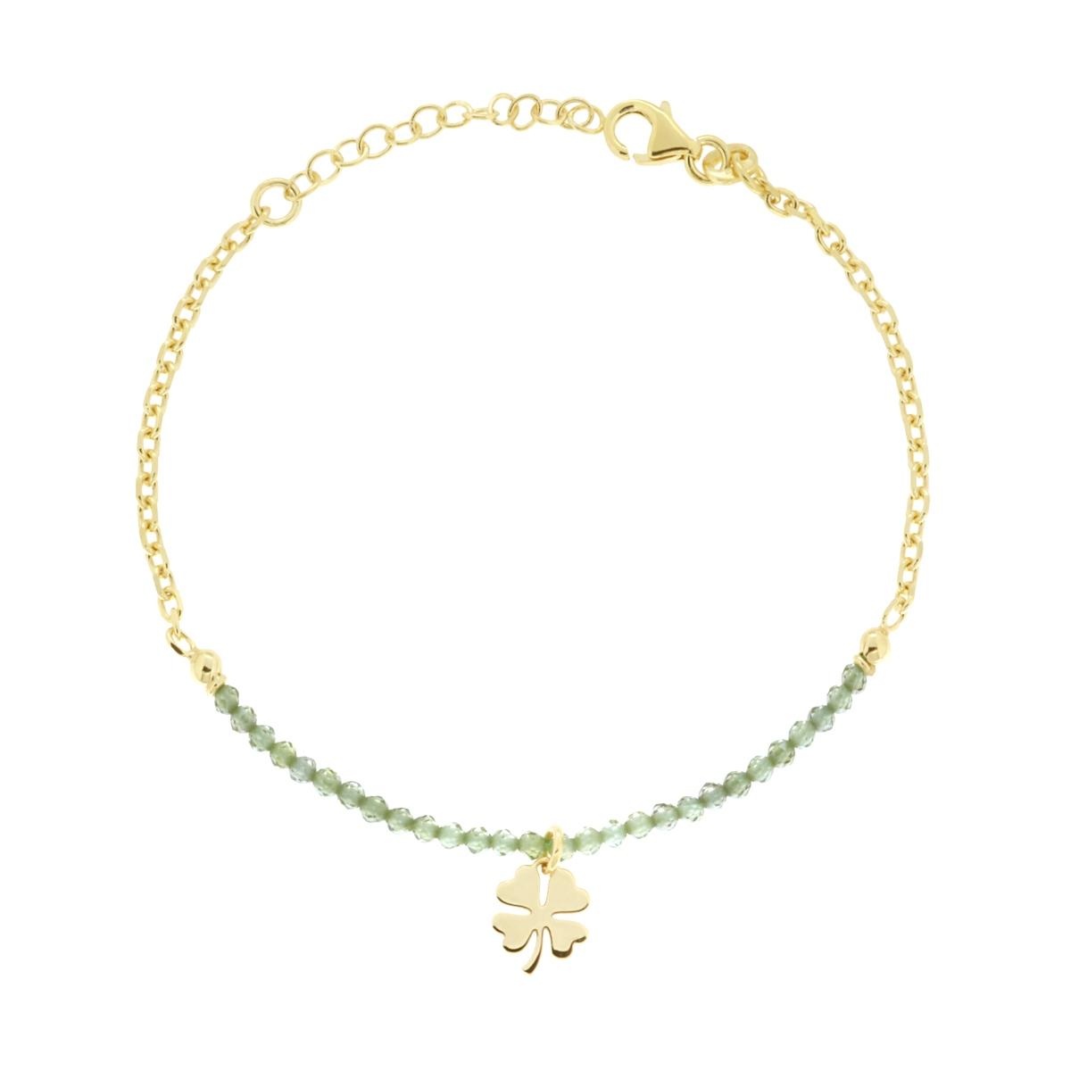 Armband mit Forzatina-Diamanta-Kette, mit kleeblattförmigem schlichten Anhänger und grünem Kristall, aus 925er Silber, vergoldet - MeinSchmuckShop