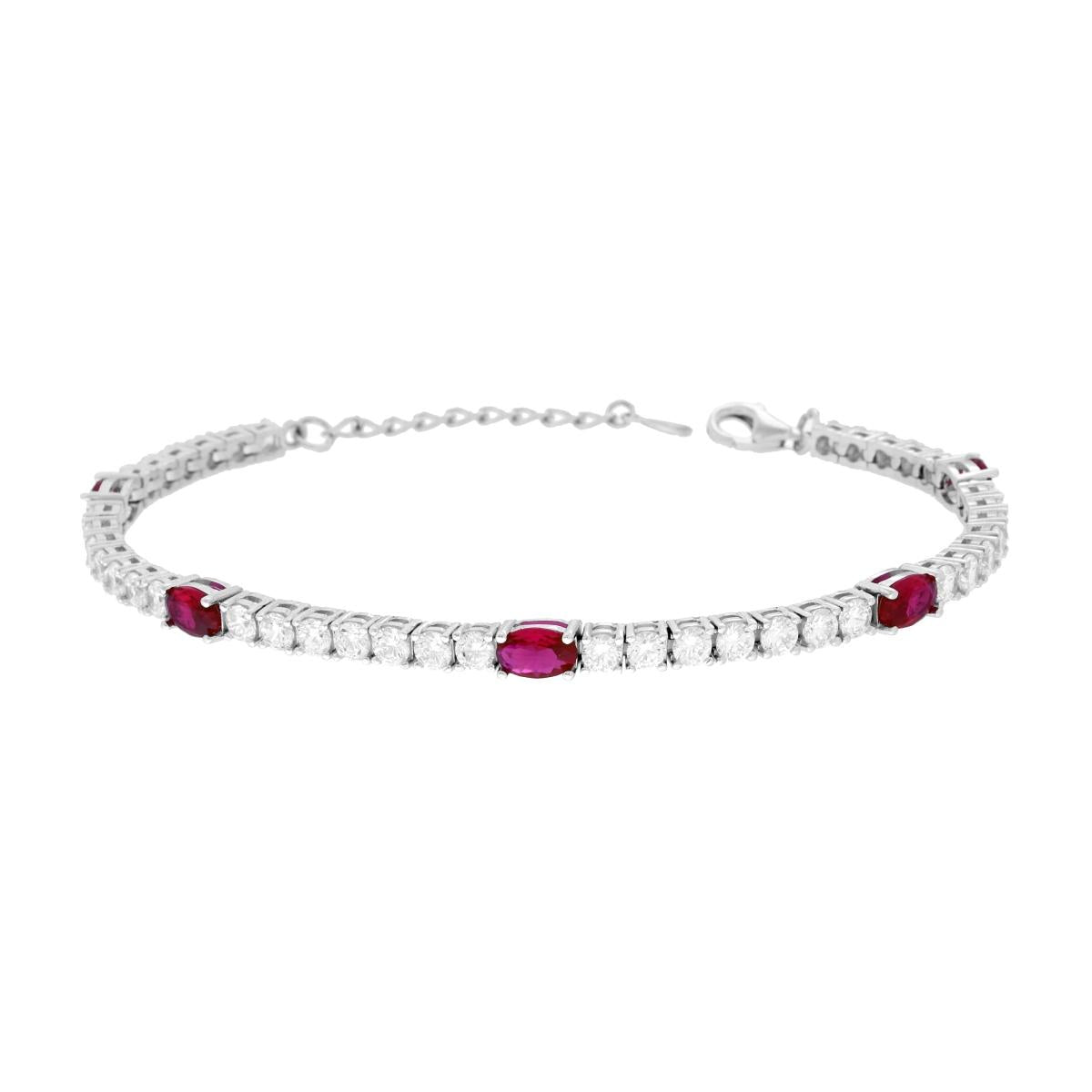 Tennisarmband mit Griffen 17+3 cm, mit ovalen Cubic Zirconia, rubinrot und weiß, aus 925er Silber, rhodiniert. - MeinSchmuckShop