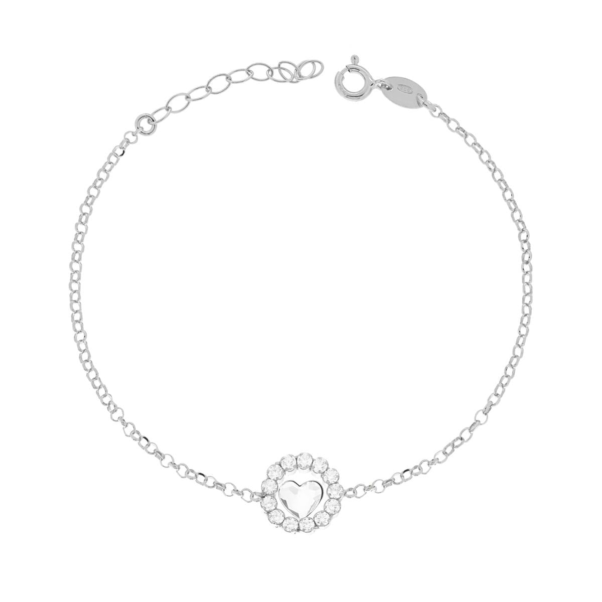 Diamantierte Rolo-Kette mit Rundanhänger und Herz, mit weißen Cubic Zirconia, aus 925er Silber, rhodiniert - MeinSchmuckShop