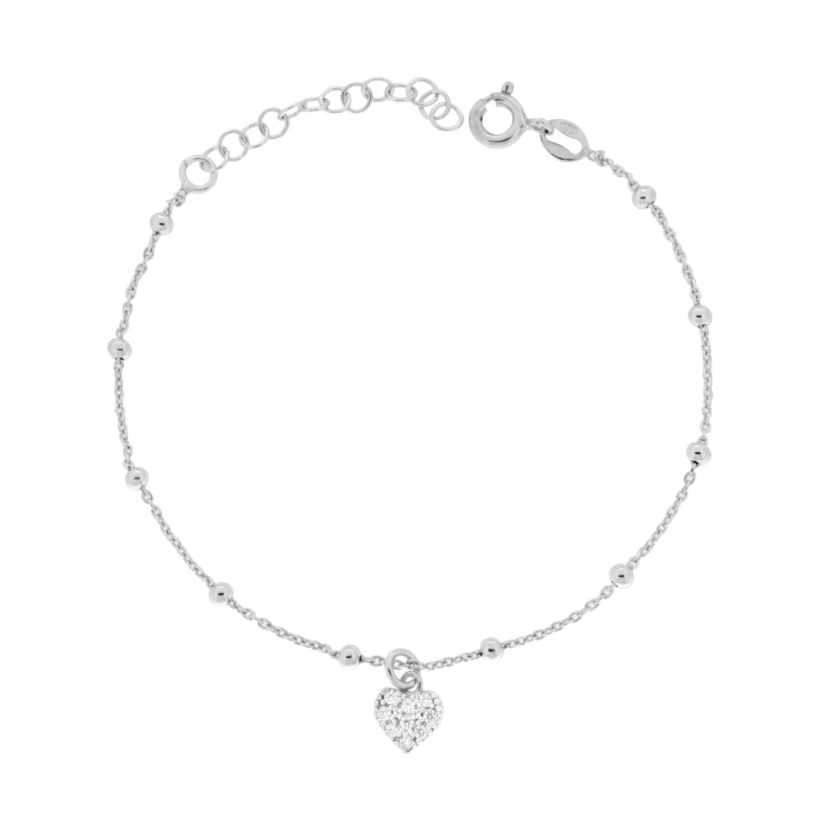Armband mit diamantierter Forzatina-Kette, mit Kugeln und Herz mit weißen Cubic Zirconia, aus 925er Silber, galvanisch rhodiniert - MeinSchmuckShop