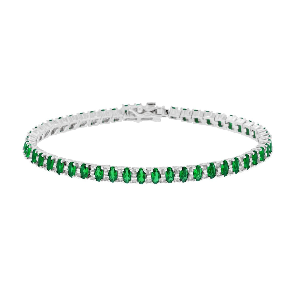 Tennisarmband mit Krappenfassungen für ovale smaragdgrüne Steine und weiße Cubic Zirconia, Silber 925, rhodiniert - MeinSchmuckShop