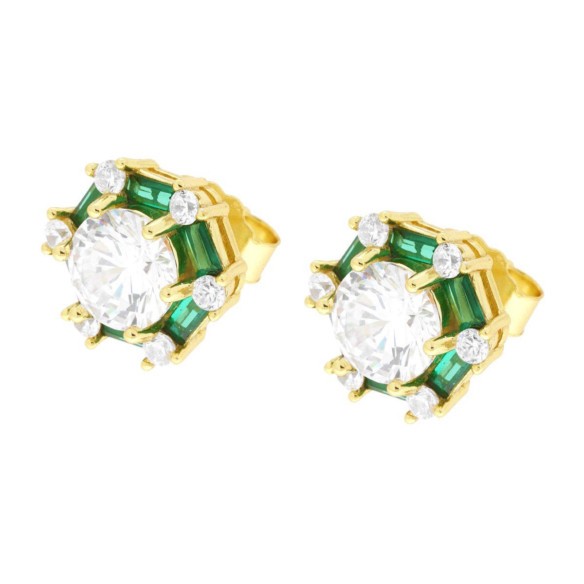 Sechseckige Ohrringe mit Cubic Zirconia in Smaragdgrün und Weiß, aus 925er Silber, goldgalvanisch beschichtet - MeinSchmuckShop