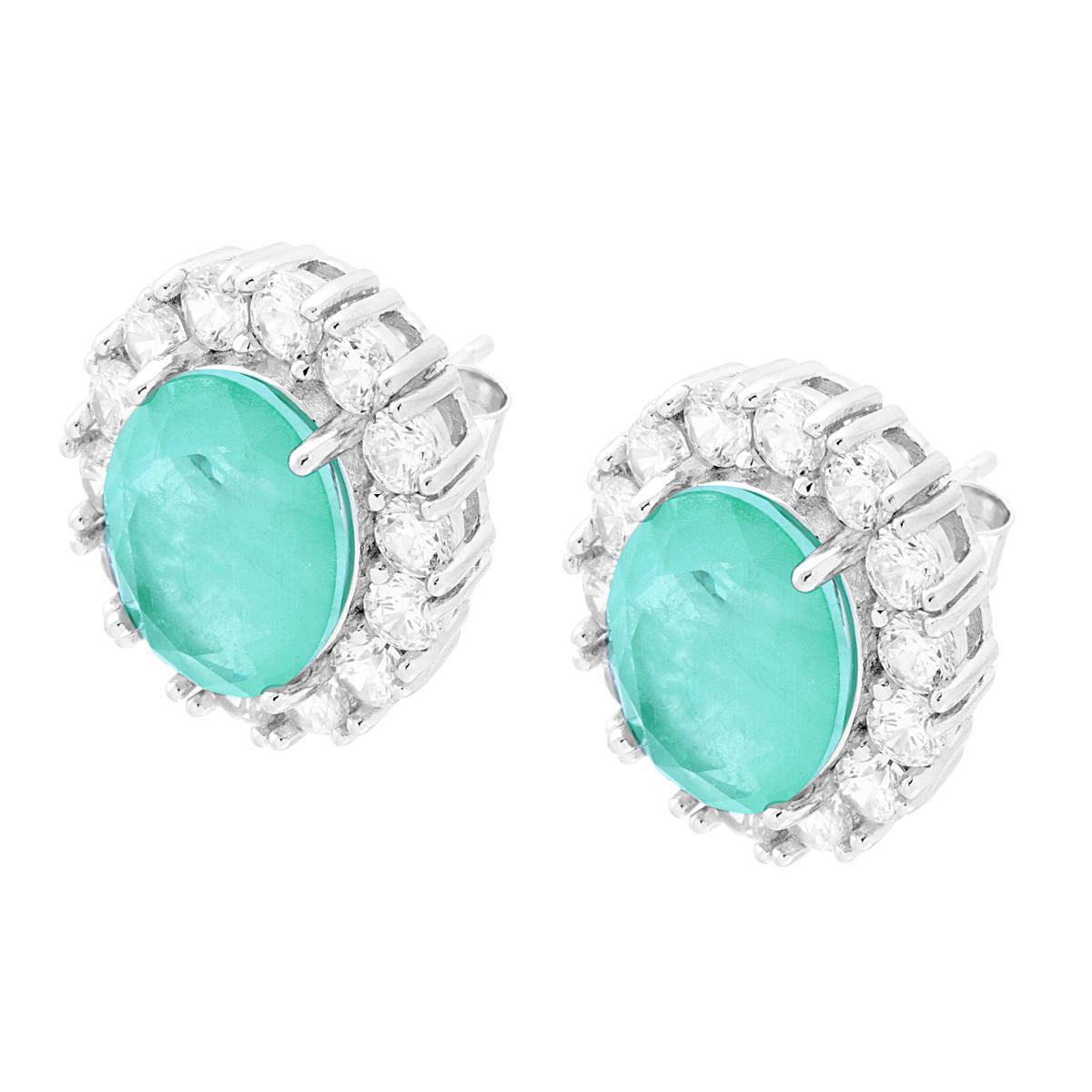 Ovale Ohrringe aus natürlichem Paraiba-Turmalin, umrundet von weißen Cubic Zirconia, in 925er Silber rhodiniert. - MeinSchmuckShop