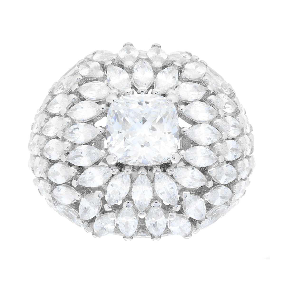 Solitärring im Fascione-Modell mit weißen Zirkonien, Kissen- und Marquise-Schliff, aus Silber 925, rhodiniert. - MeinSchmuckShop