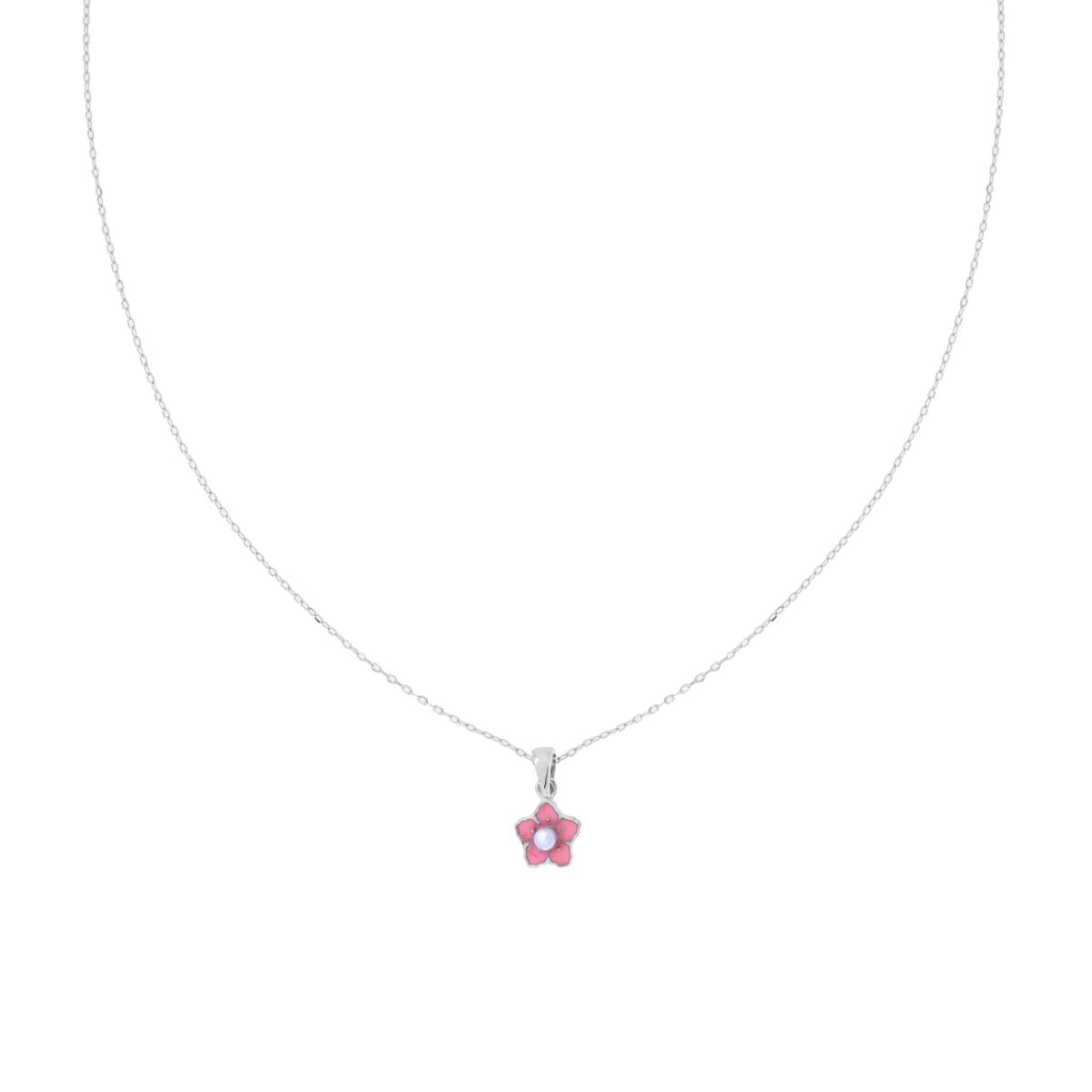 Kette mit diamantierter Ankerkette, mit Blume, rosa Emaille und Perle, aus 925er Silber, rhodium galvanisiert. - MeinSchmuckShop