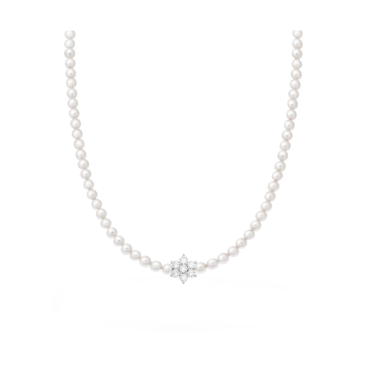 Halskette aus Perlgläsern 4 mm mit zentraler Blüte, weißen Cubic Zirconia, mit Draht und Verschluss aus Silber 925 rhodiumplattiert - MeinSchmuckShop