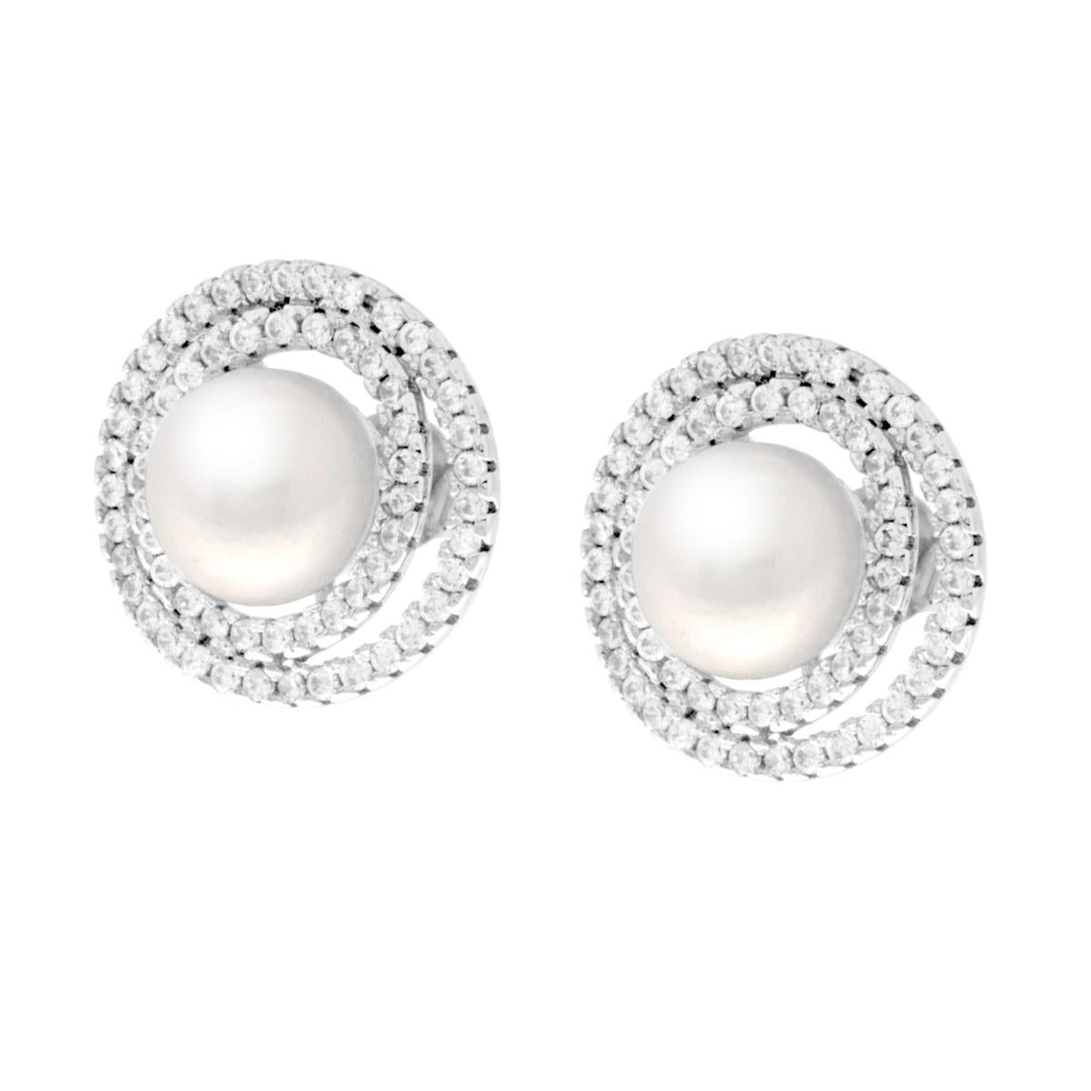 Runde Ohrringe mit Flussperle und weißen Cubic-Zirkonien in 925er Silber, rhodiniert. - MeinSchmuckShop