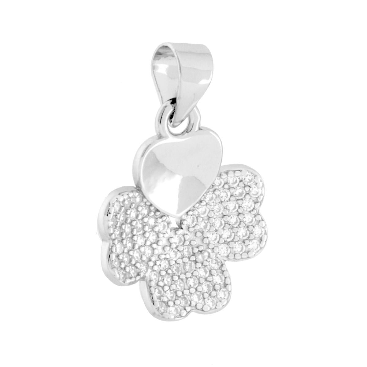 Kleeblatt-Anhänger mit Herz und weißen Cubic Zirconia aus 925er Silber, rhodiniert - MeinSchmuckShop