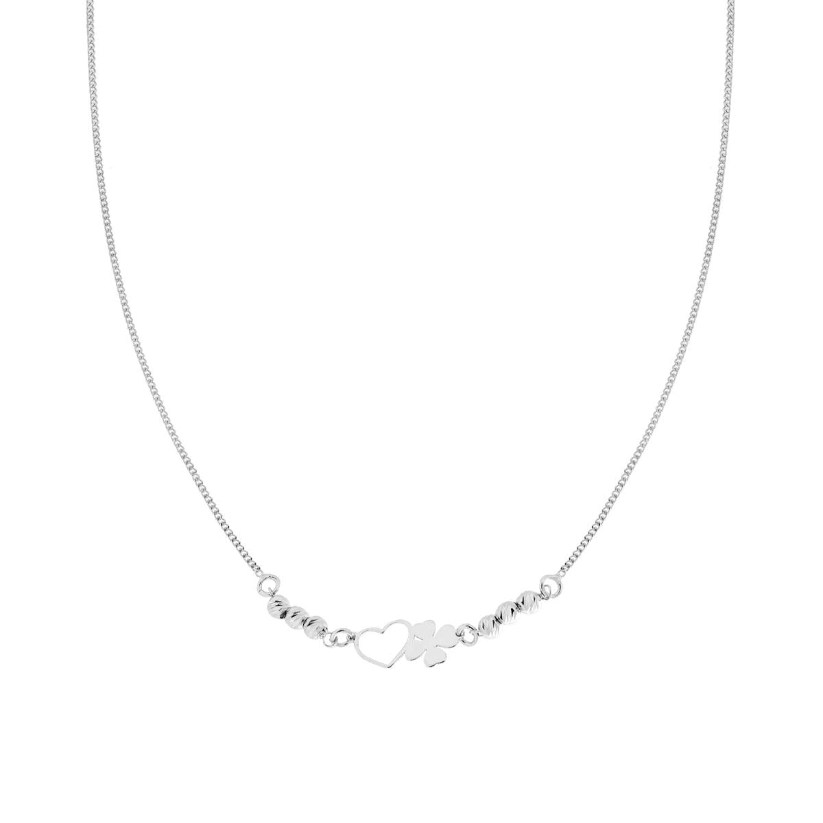 Halskette Grumetta-Kette und diamantierte Kugeln mit Herz und Kleeblatt aus Silber 925, galvanisch rhodiniert - MeinSchmuckShop