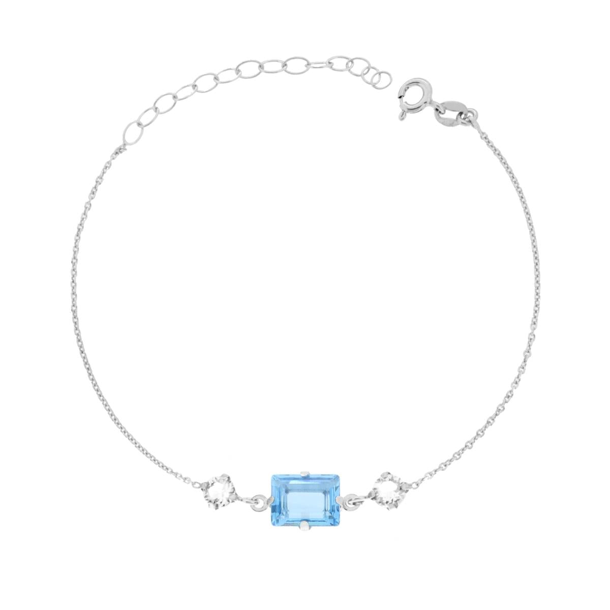 Armband mit Forzatina-Kette, diamantiert, mit runden Lichtpunkten und Baguette-Kristallen in Weiß und Aquamarin, Silber 925 rhodiniert - MeinSchmuckShop