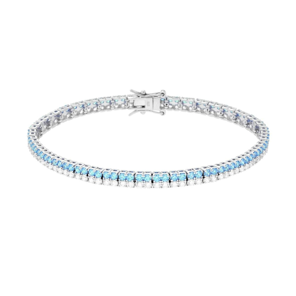 Tennisarmband mit Krappenfassung, 18 cm, zwei Reihen Zirconien 2 mm, Aquamarin und Weiß, in Silber rhodiniert - MeinSchmuckShop