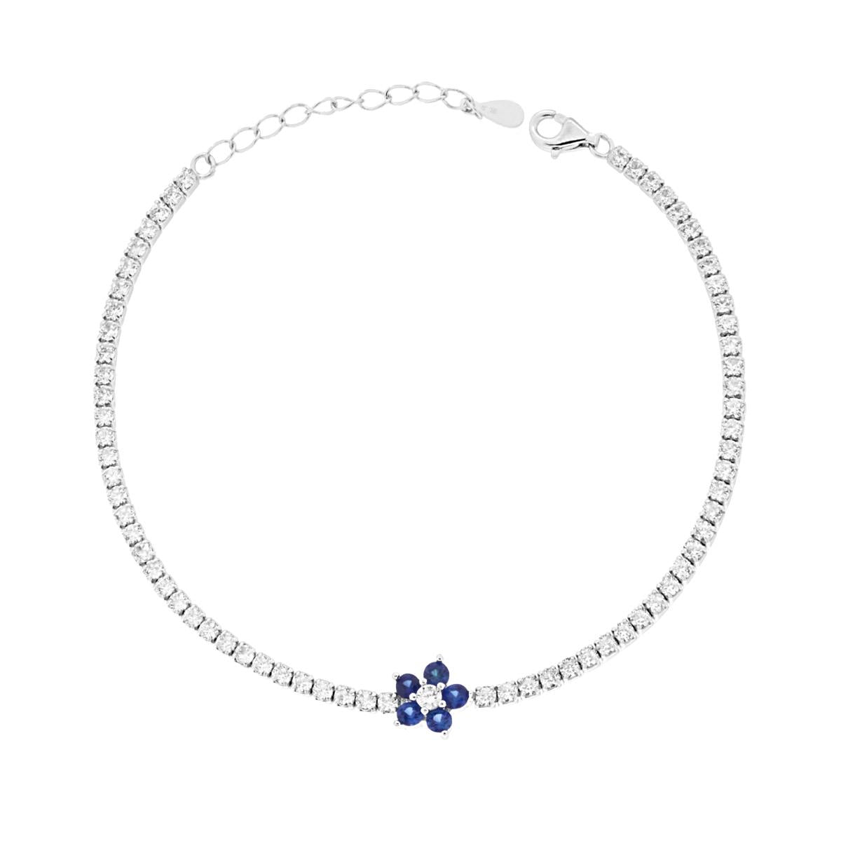 Tennisarmband mit Griffen, Blume Blau Saphir und weiße Cubic Zirconia im rhodinierten Silber - MeinSchmuckShop