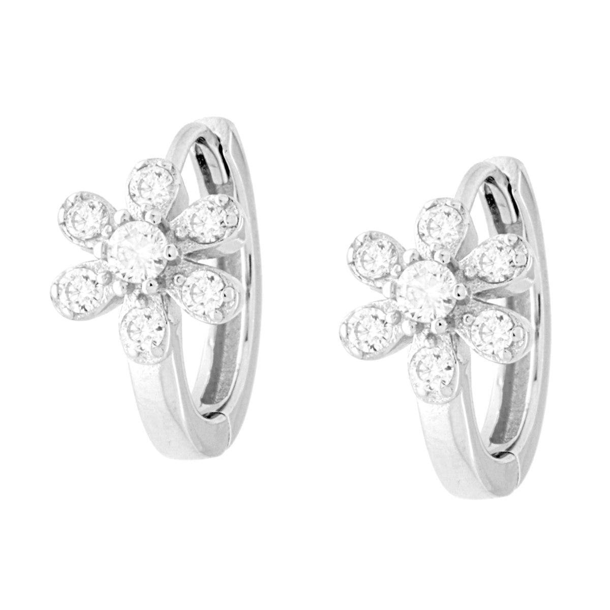 Ohrring mit Klappverschluss, 16 mm, mit weißer Cubic Zirconia-Blume, aus Silber 925, rhodiumgalvanisiert. - MeinSchmuckShop