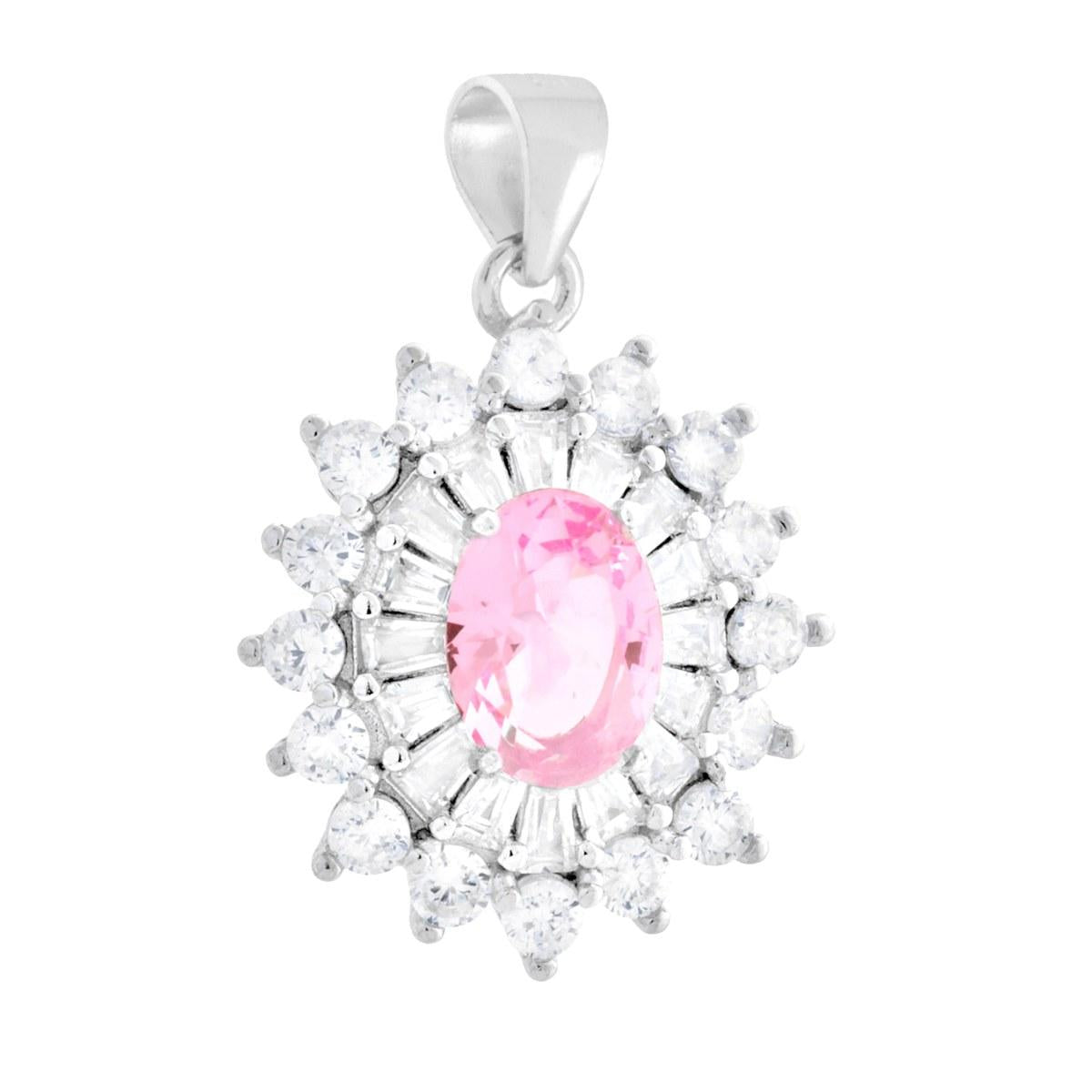 Ovaler rosafarbener Anhänger, umgeben von weißen Cubic Zirconia-Trapezen, aus 925er Silber rhodiniert. - MeinSchmuckShop