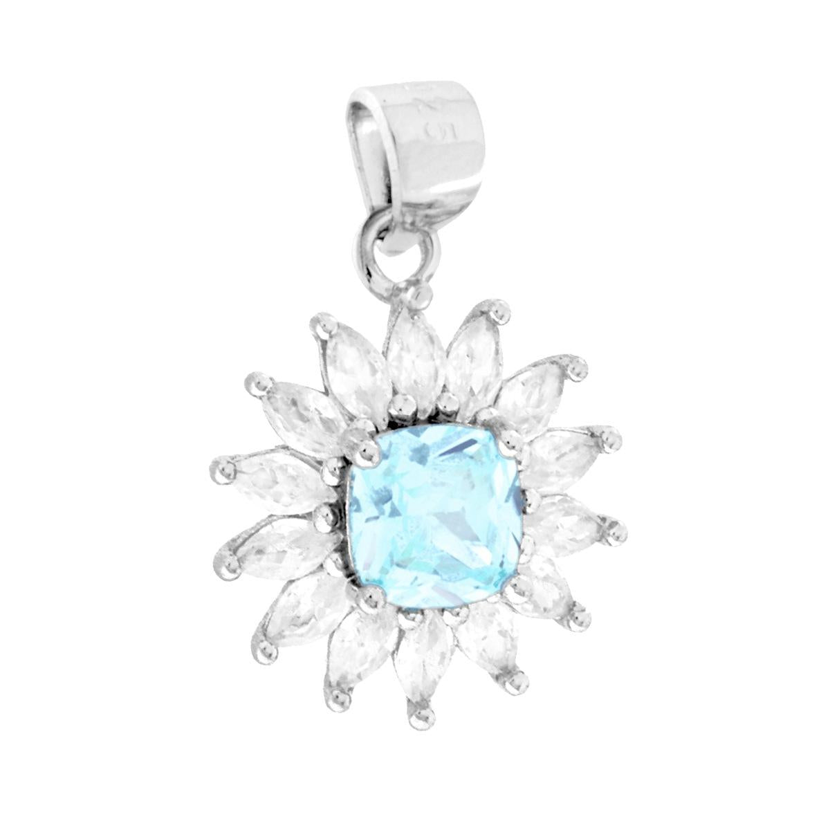 Kissenförmiger Aquamarin-Anhänger, von weißen Marquise-CZ umrandet, aus 925er Silber rhodiniert - MeinSchmuckShop