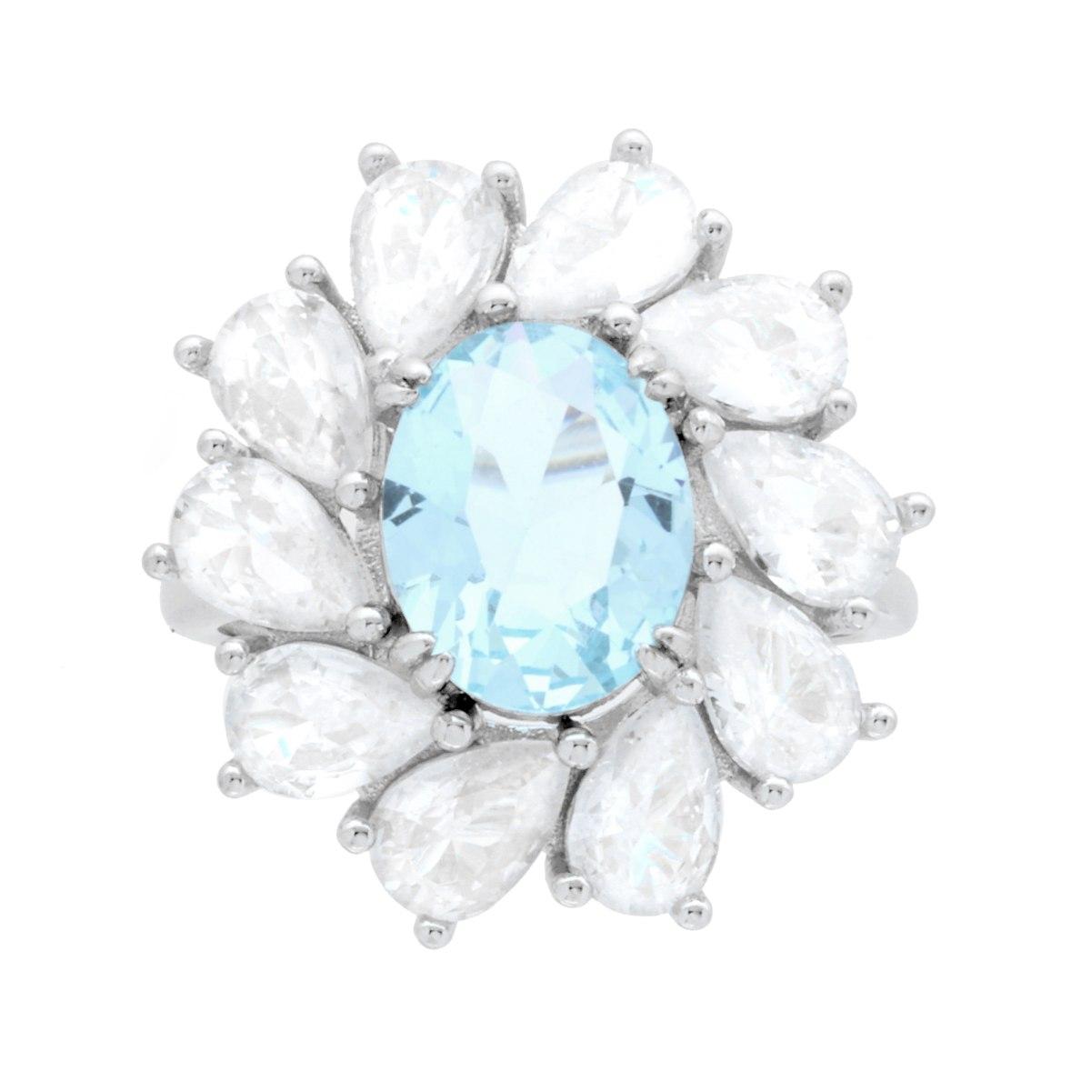 Ovaler Aquamarin-Ring, umgeben von weißen Cubic Zirconia-Tropfen, aus 925er Silber rhodiniert - MeinSchmuckShop