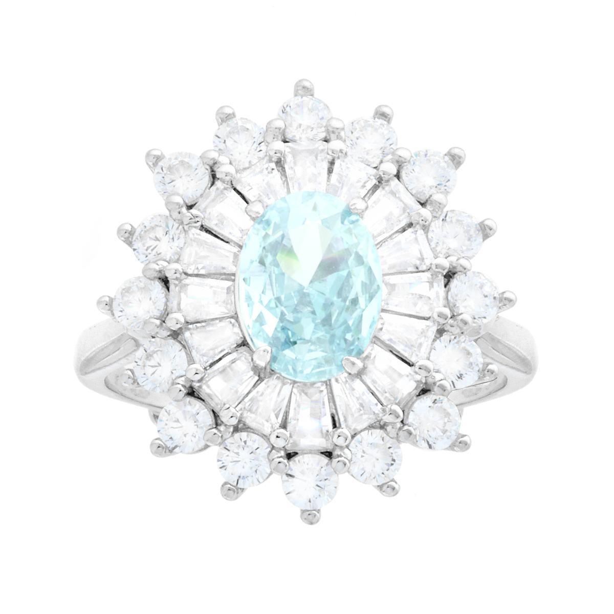 Ovaler Aquamarin-Ring, umrahmt von weißen trapezförmigen Zirkonien, aus Silber 925 galvanisch rhodiniert - MeinSchmuckShop