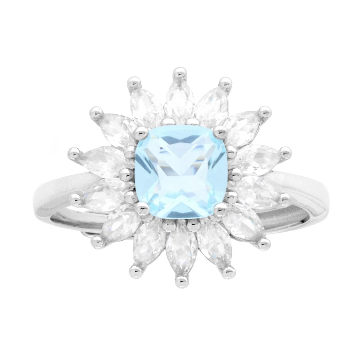 Solitärring, quadratischer Cushion, Aquamarin, umrahmt von weißen Cubic Zirconia Marquise, in 925er Silber rhodiniert - MeinSchmuckShop