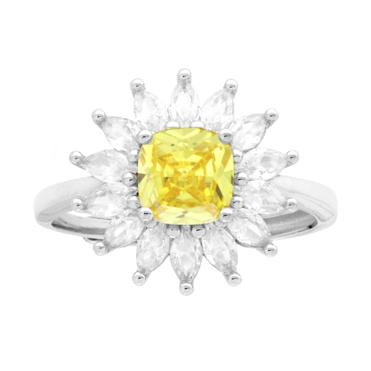 Solitärring, quadratisch, Kissen-Schliff, Gelber Topas, von weißen Marquise-Cubic-Zirkonien umrahmt, aus 925er Silber, galvanisch rhodiniert - MeinSchmuckShop