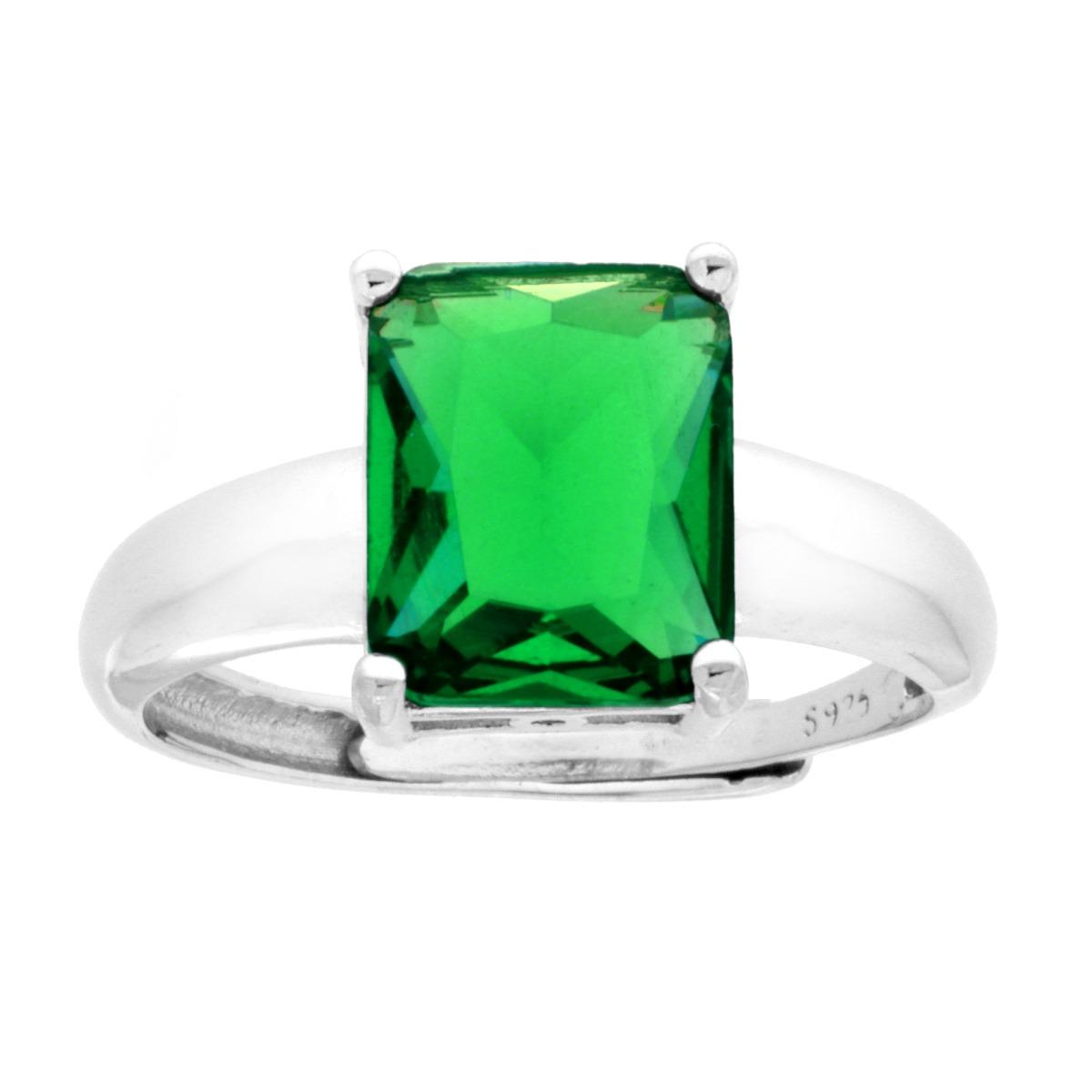 Solitärring mit rechteckigem grünem Smaragd-Cubic-Zirkonia aus 925er Silber, galvanisch rhodiniert. - MeinSchmuckShop