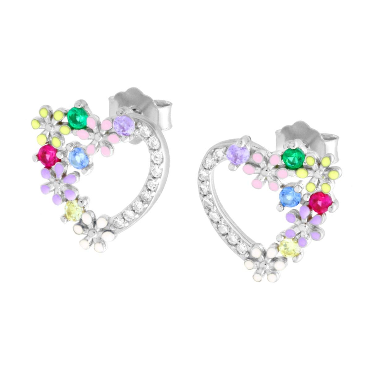Ohrringe Herzform mit Emaille-Blumen und multicolor Cubic Zirconia aus 925er Silber, rhodiniert. - MeinSchmuckShop