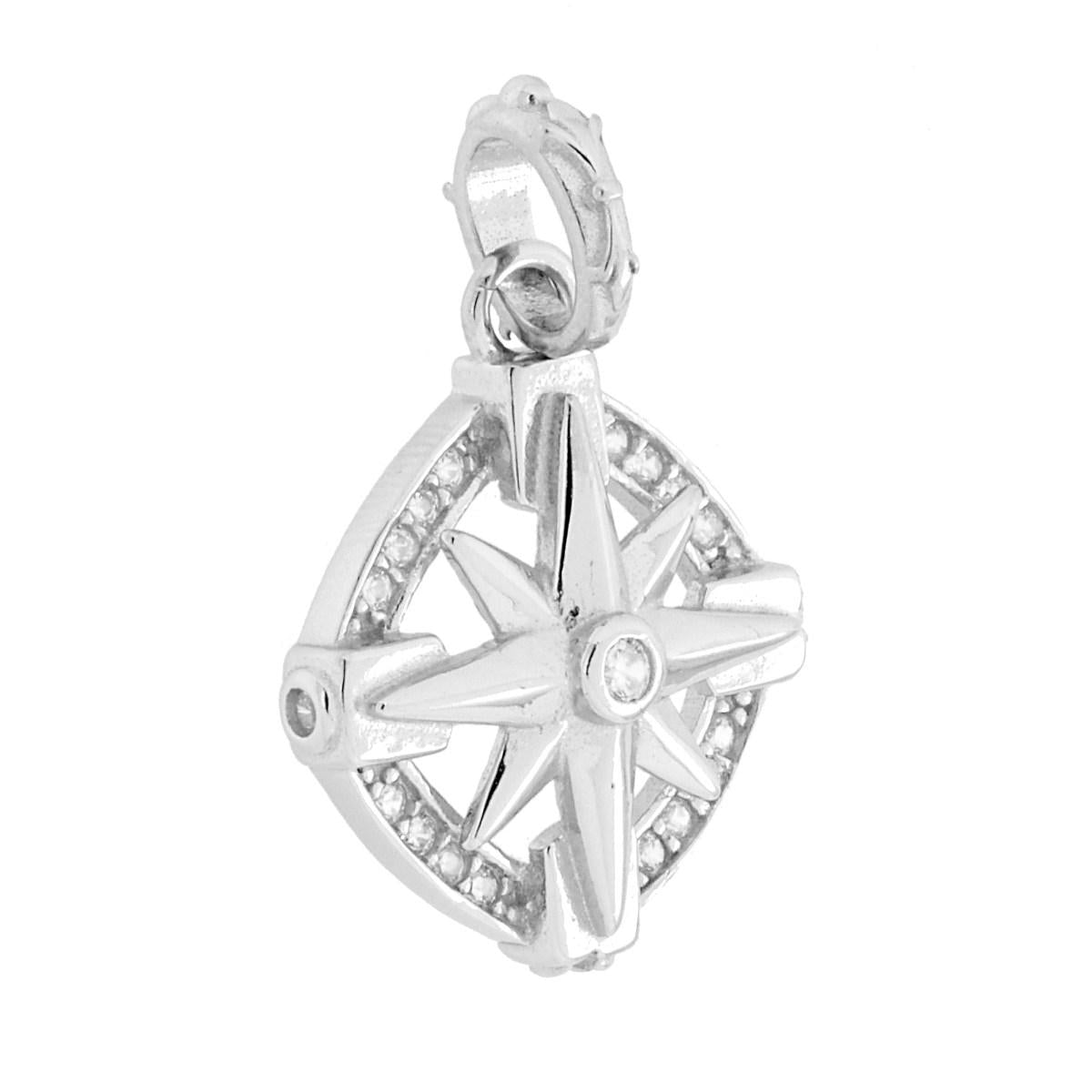 Kompassrose-Anhänger mit weißen Cubic-Zirkonia aus 925er Silber, rhodiniert - MeinSchmuckShop