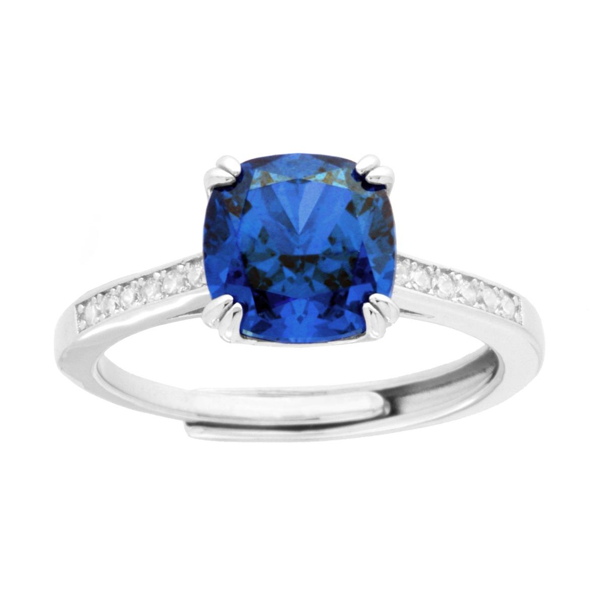 Solitärring im quadratischen Kissen-Schliff, Blau Saphir, mit weißen Cubic Zirconia, in rhodiniertem 925er Silber - MeinSchmuckShop