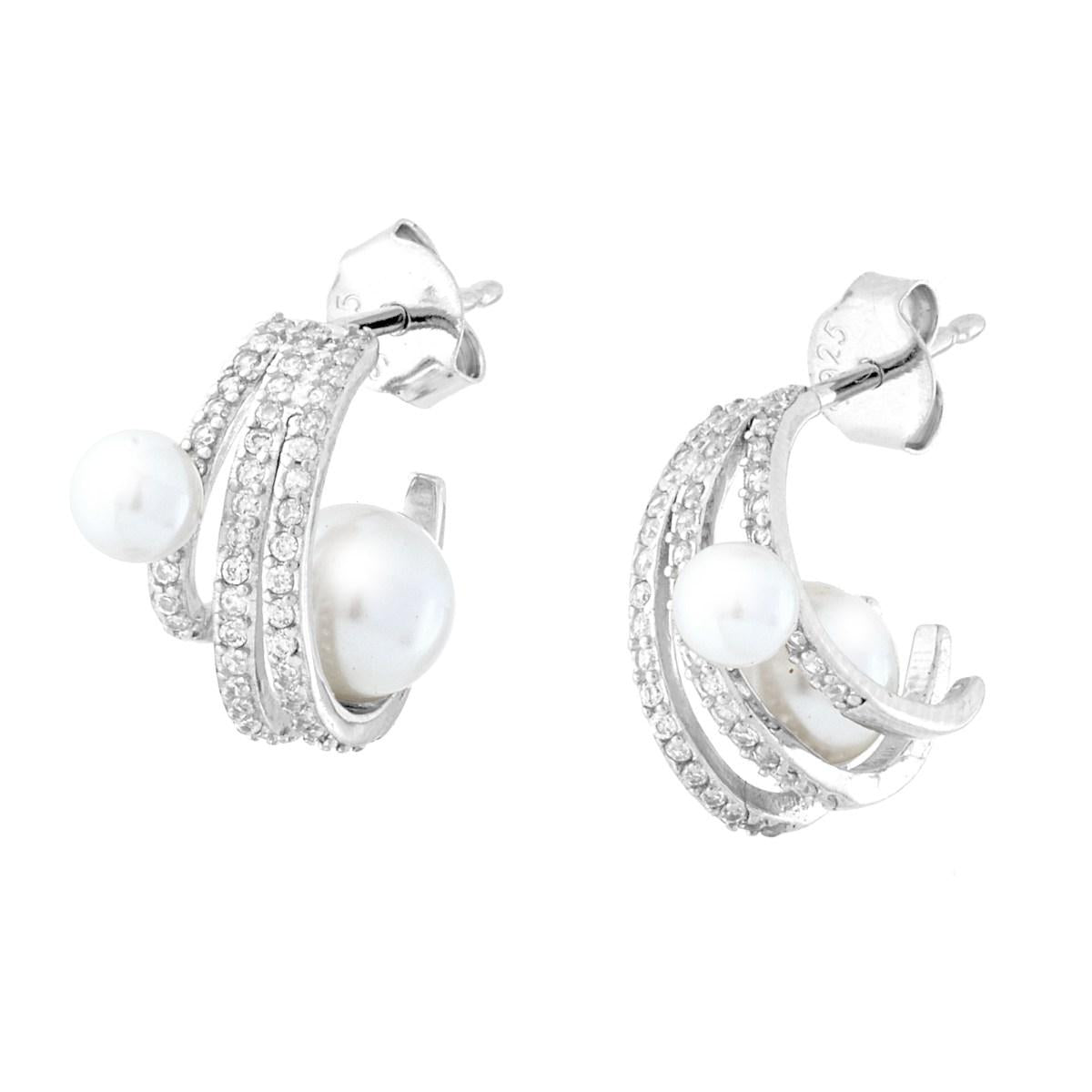 Ohrringe Creolen mit Perlen und weißen Cubic Zirconia in Silber 925 rhodiniert - MeinSchmuckShop
