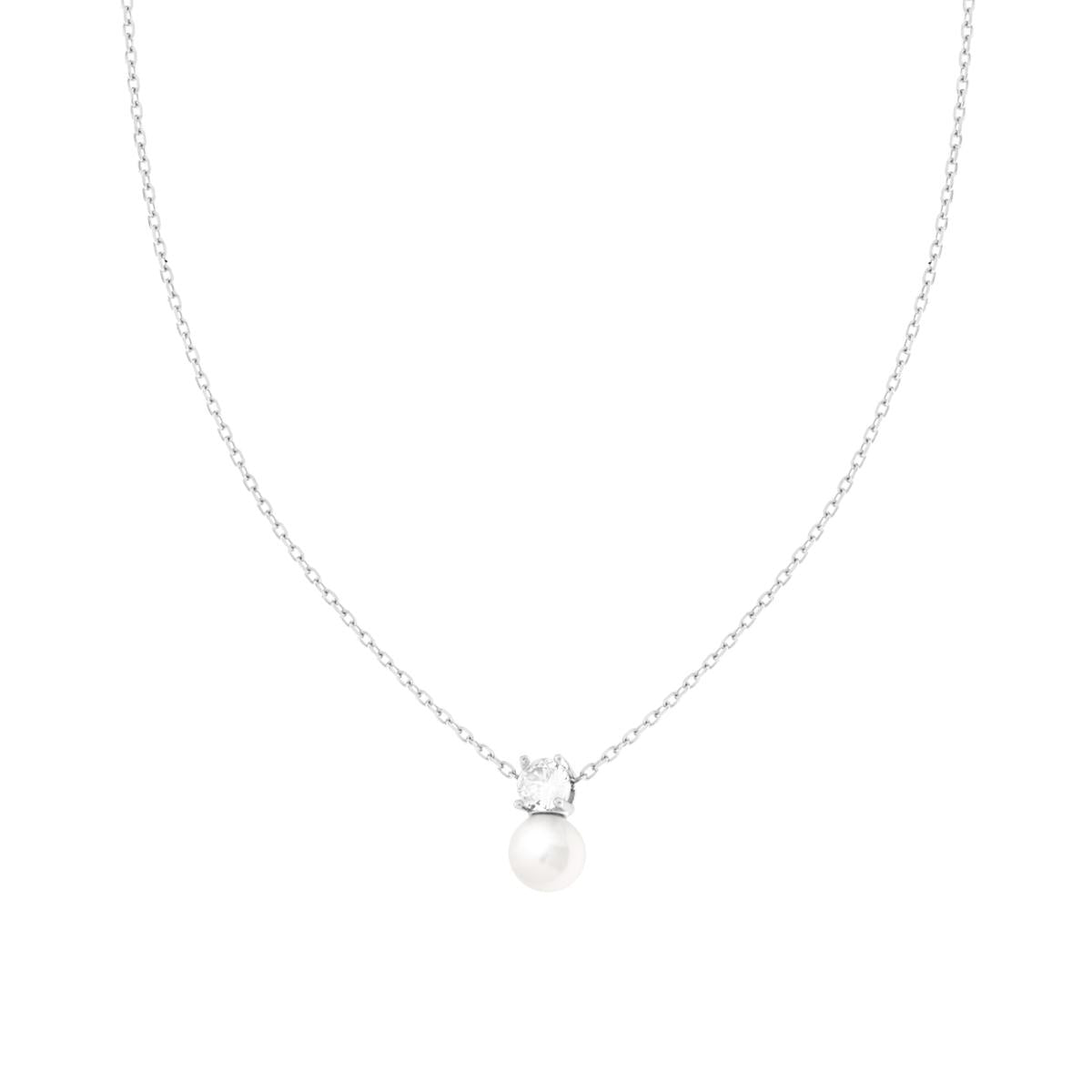 Forzatina-Diamantierte Kette mit Perle und Cubic-Zirconia (Punkt-Licht) Weiß, aus 925er Silber, rhodiniert galvanisch - MeinSchmuckShop