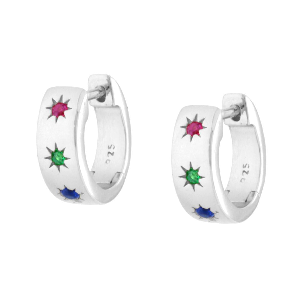 Ohrstecker-Hoop mit Schnappverschluss, mit mehrfarbigen Cubic-Zirconia-Sternen, rhodiniertes 925er Silber - MeinSchmuckShop
