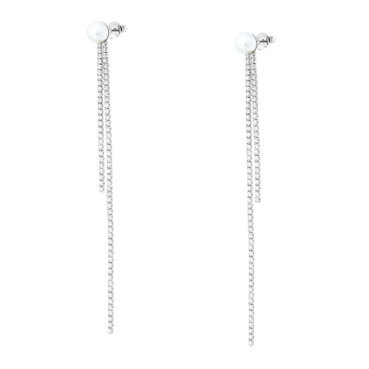 Lange Ohrringe mit Perle und zwei Tennis-Faden-Anhängern, mit weißen Cubic Zirconia, aus 925er Silber rhodiniert. - MeinSchmuckShop