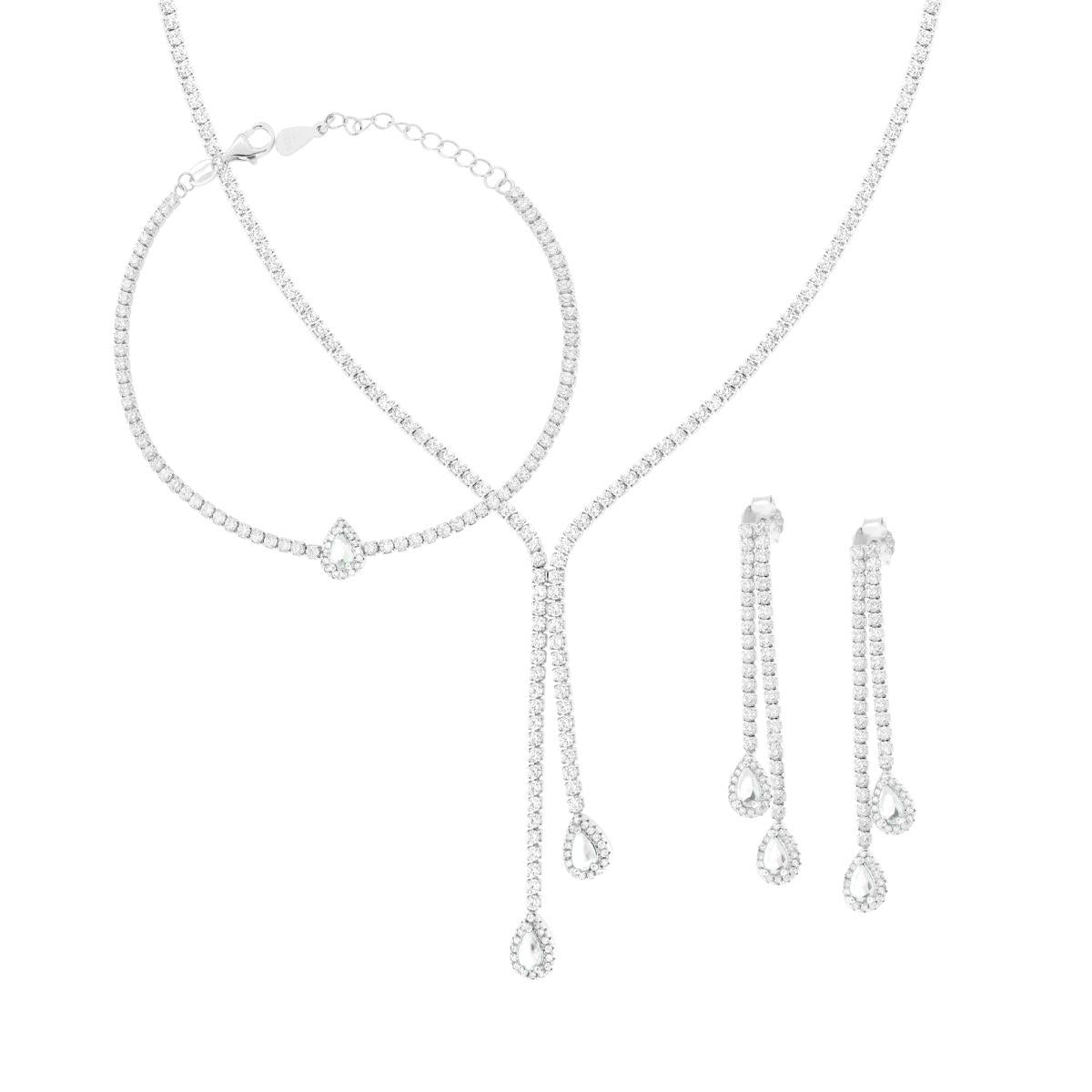 Schmuckset Tennis: Ohrringe, Halskette und Armband mit weißen Tropfen, umrahmt von weißen Cubic-Zirkonien, aus 925er Silber, rhodiniert. - MeinSchmuckShop