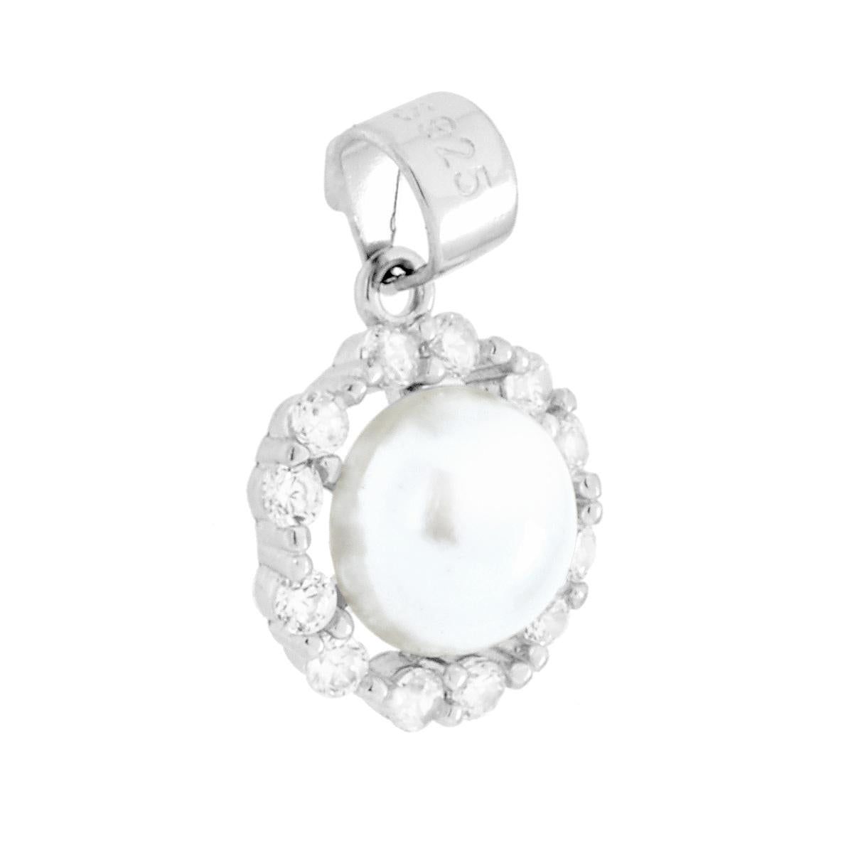 Perl-Anhänger, von weißen Cubic Zirconia umgeben, aus 925er Silber rhodiniert. - MeinSchmuckShop