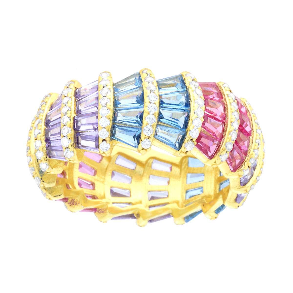 Eternity-Band-Ring mit weißen Zirkonien und Zirkonien im Baguette-Schliff in Rosa, Flieder und Aquamarin, aus Silber 925, goldbeschichtet - MeinSchmuckShop
