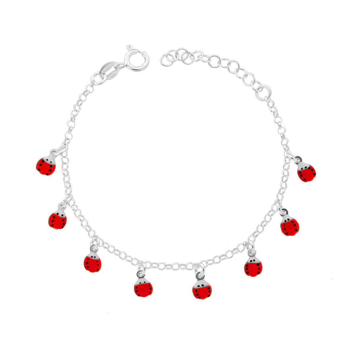 Armband für Jungen und Mädchen, Rolo-Kette diamantiert, mit rot emaillierten Marienkäfer-Anhängern aus 925er Silber - MeinSchmuckShop