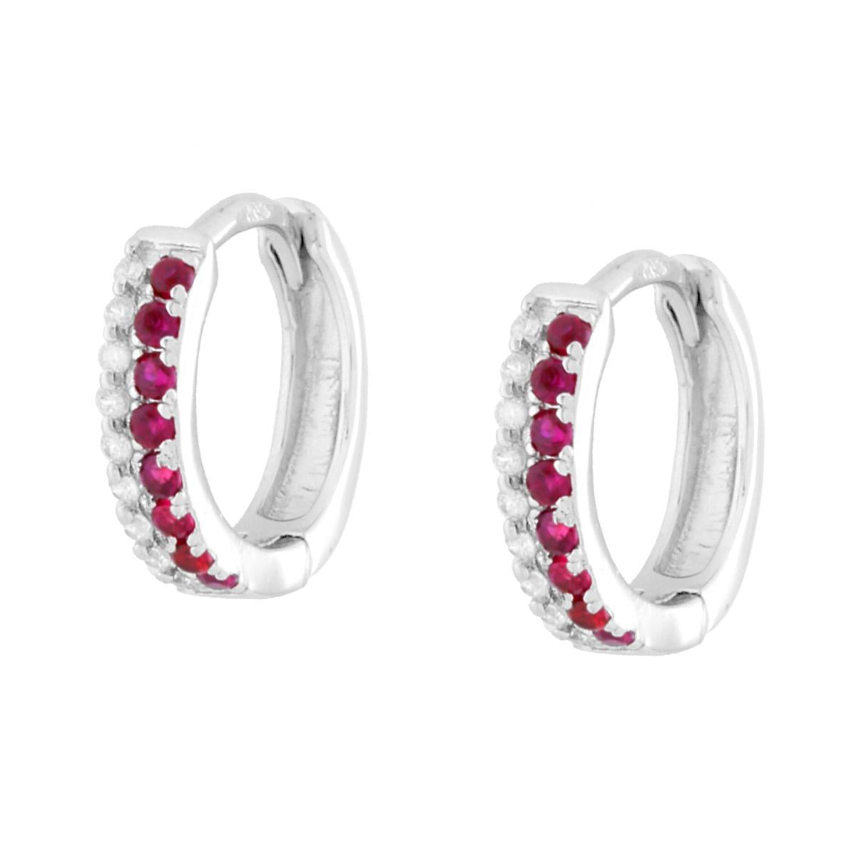 Ohrstecker Creolen mit Klappverschluss, mit rubinroten und weißen Cubic Zirconia, aus 925er Silber rhodiniert - MeinSchmuckShop