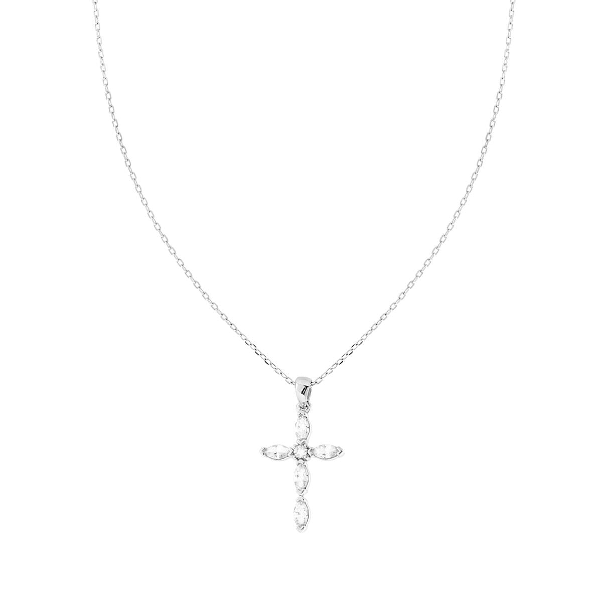 Kette mit diamantierter Gliederkette, Kreuz und Cubic Zirconia, weiße Marquise-Steine, Silber 925, rhodiniert - MeinSchmuckShop