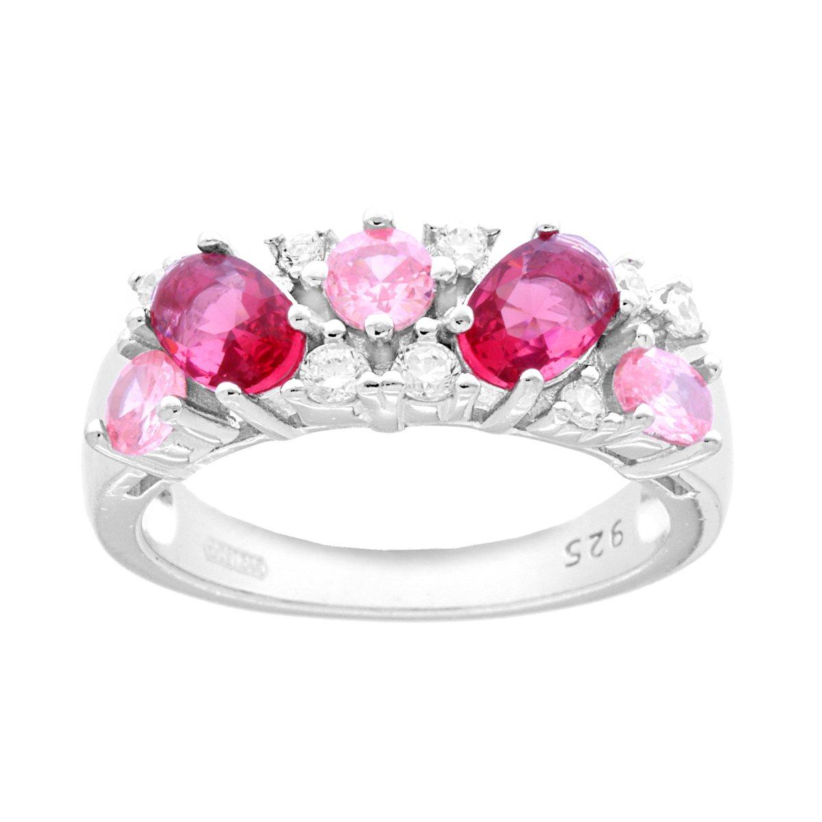Ring mit Bouquet aus Cubic Zirconia in Rot, Rubinrot, Rosa und Weiß, aus 925er Silber, rhodiniert. - MeinSchmuckShop