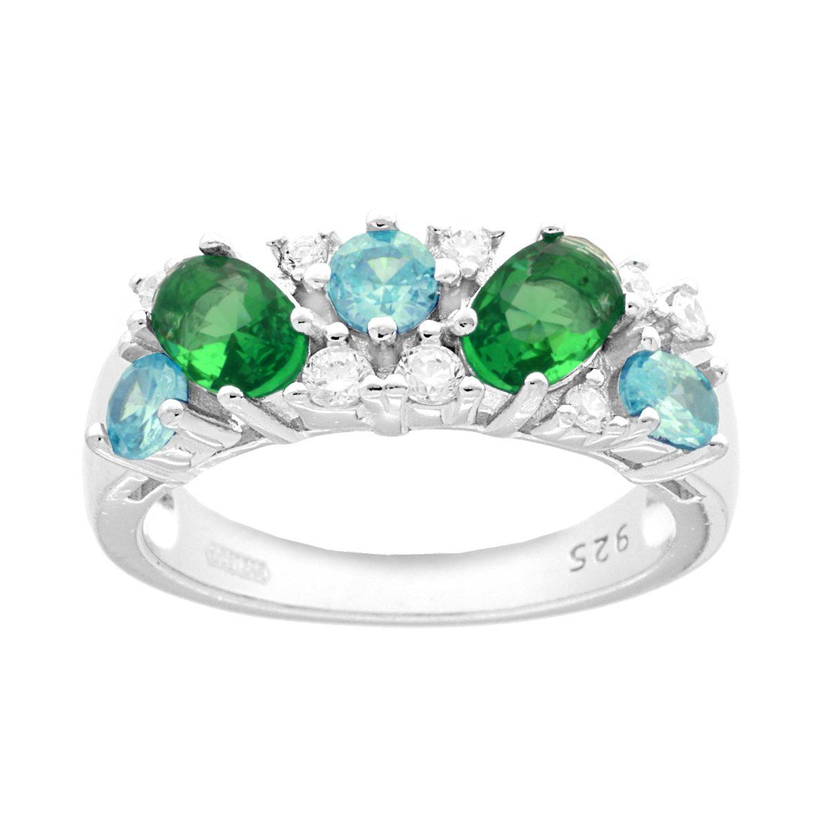 Ring mit Bouquet aus Cubic Zirconia in Smaragdgrün, Aquamarine und Weiß, rhodiniertem 925er Silber - MeinSchmuckShop