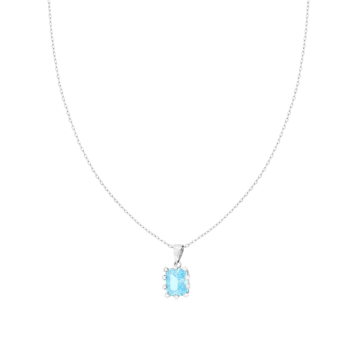Kette, feine diamantierte Ankerkette mit Lichtpunkt, Rechteck Aquamarin mit Krappenfassung, mit weißen Cubic Zirconia, aus 925er Silber galvanisch rhodiniert. - MeinSchmuckShop