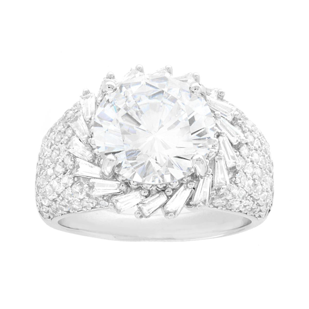Solitärring im Fascione-Modell mit weißen Cubic Zirconia-Baguette-Steinen aus 925er Silber, rhodiniert. - MeinSchmuckShop