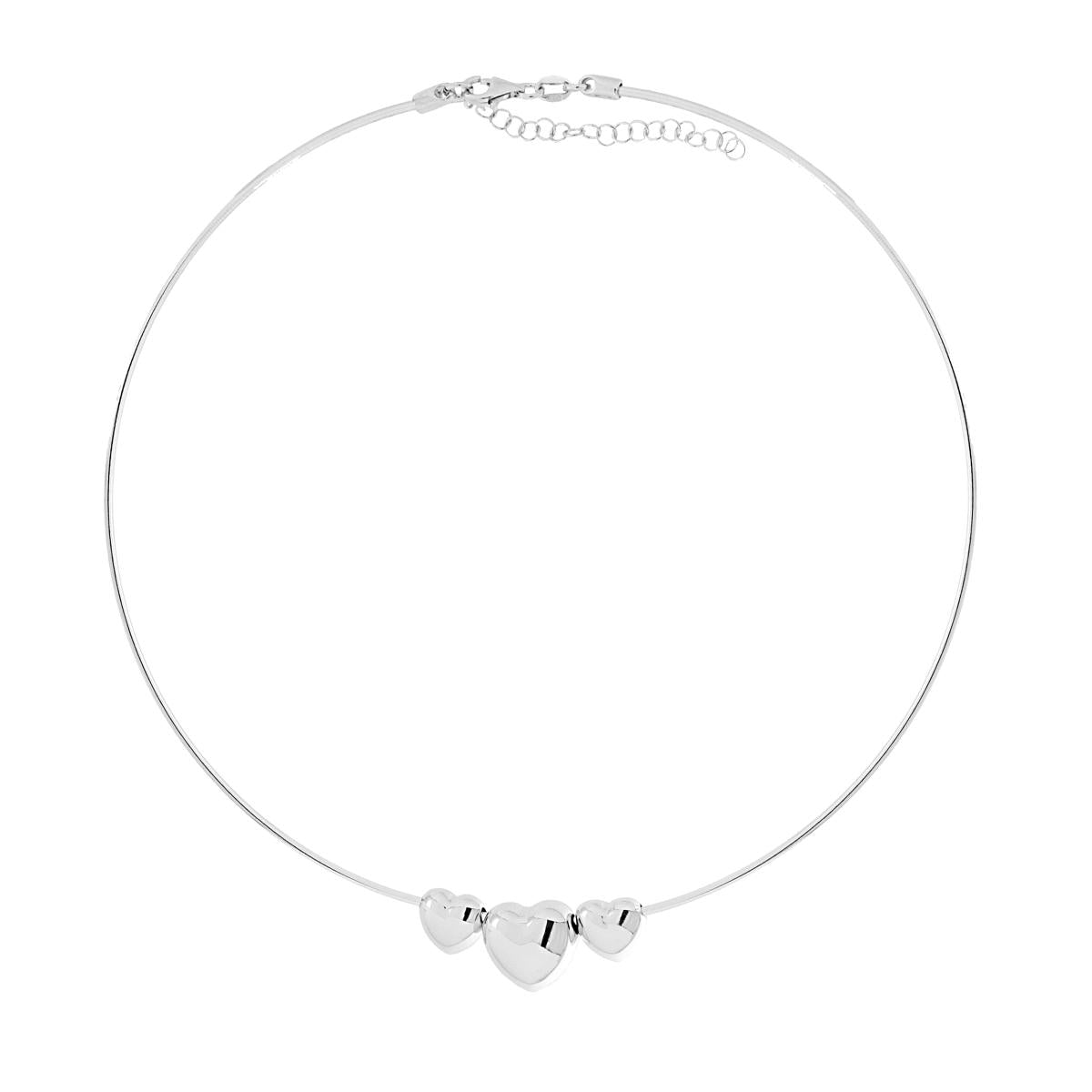 Starre Halskette, Draht 1,5 mm, mit drei gewölbten Herzen, Durchgangsösen aus Silber 925, galvanisch rhodiniert - MeinSchmuckShop