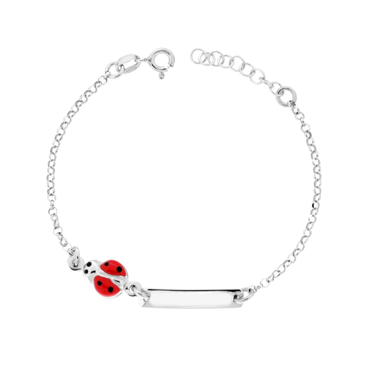 Armband für Mädchen und Jungen mit Rolo-Kette, diamantierte Plakette, glatte Plakette und roter Emaille-Käfer, aus 925er Silber rhodiniert - MeinSchmuckShop