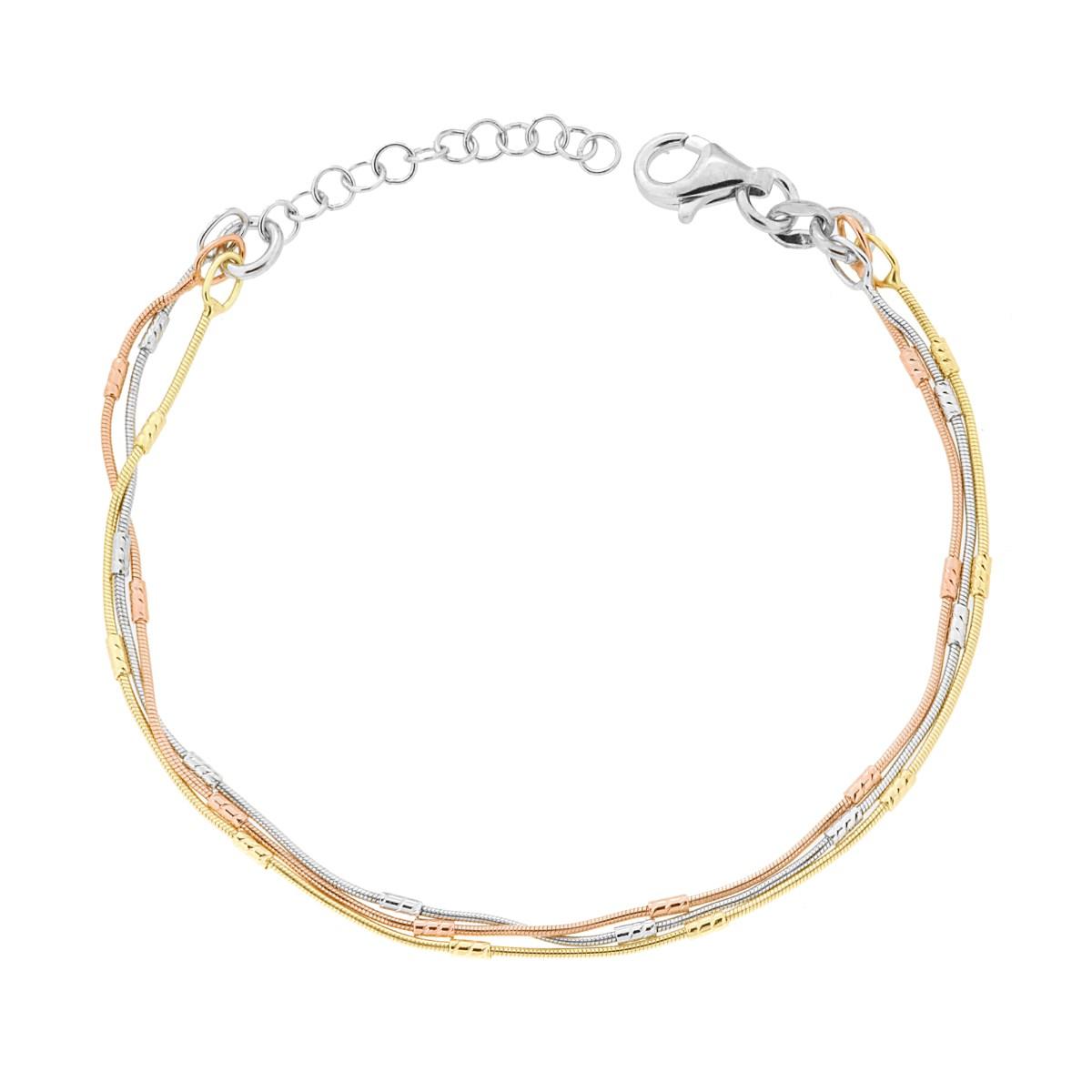 Armband mit drei Strängen, gepresste Kette, mit diamantierten Zylindern aus 925er Silber, galvanisch rhodiniert, gold- und roségold-plattiert - MeinSchmuckShop
