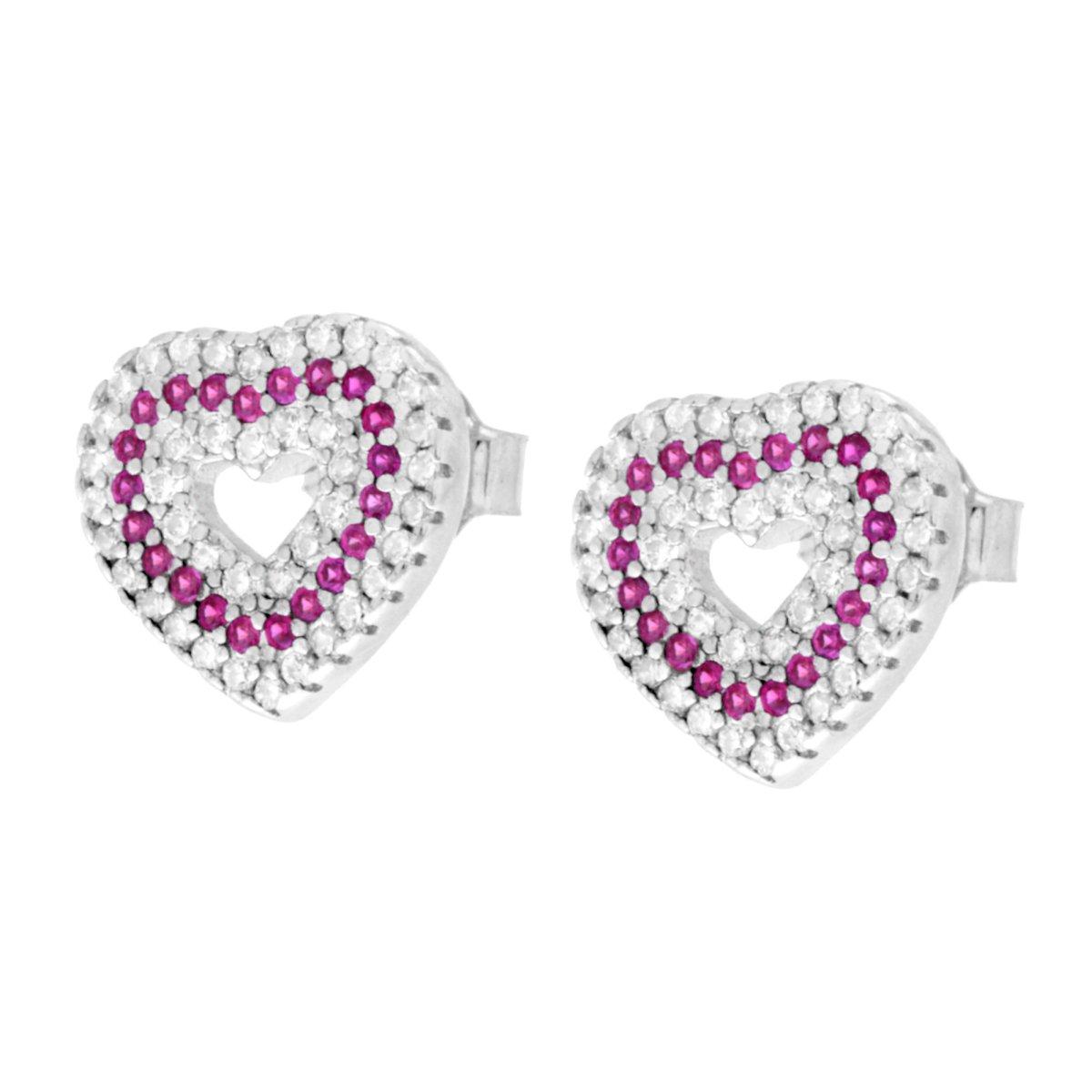 Herzohrringe aus 925er Silber, rhodiniert, mit weißen Cubic-Zirkonien und rubinrotem Zirkon. - MeinSchmuckShop