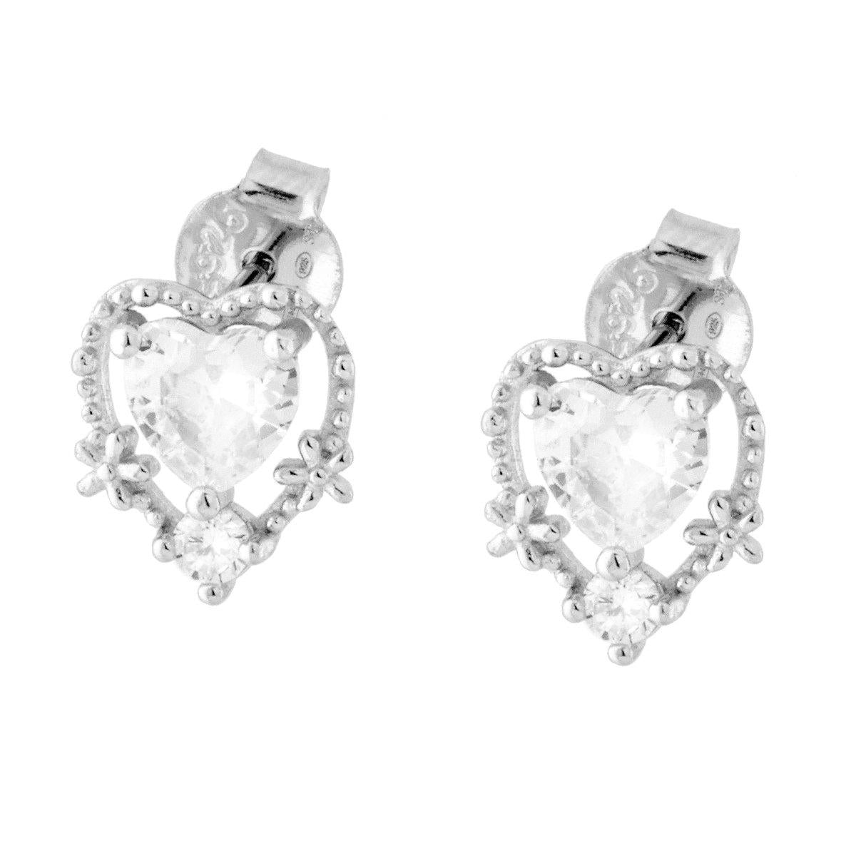 Herz-Ohrstecker mit weißen Cubic Zirconia, 925er Silber, rhodiniert - MeinSchmuckShop