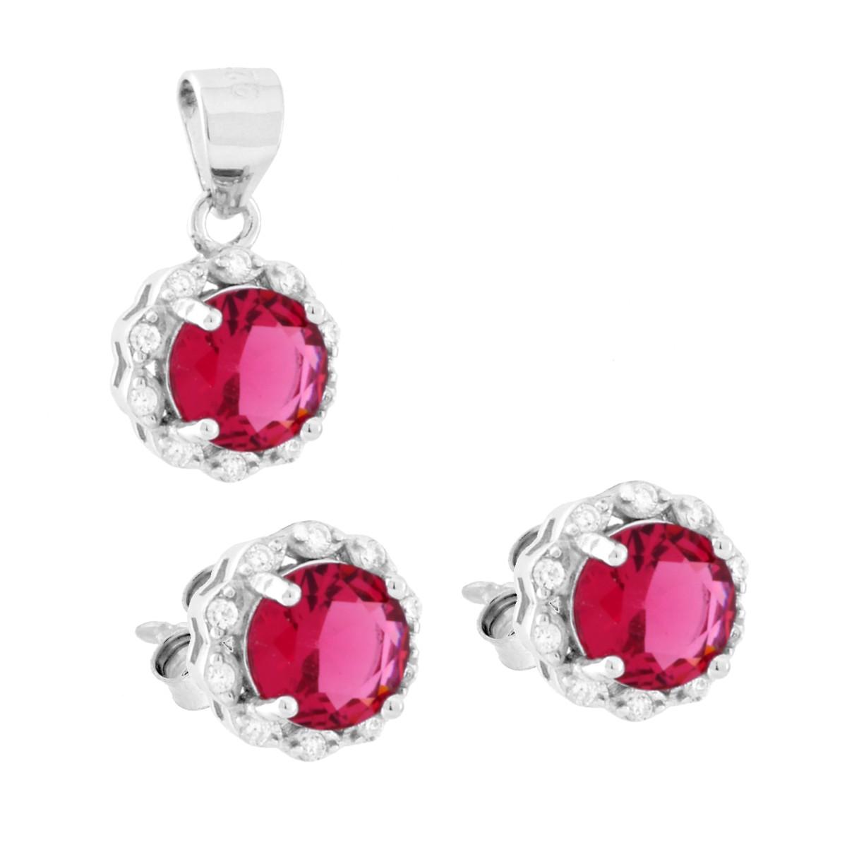 Schmuckset aus Ohrringen und Anhänger, roter Rubin rund, von weißen Cubic-Zirkonien umrahmt, aus 925er Silber, rhodiniert. - MeinSchmuckShop